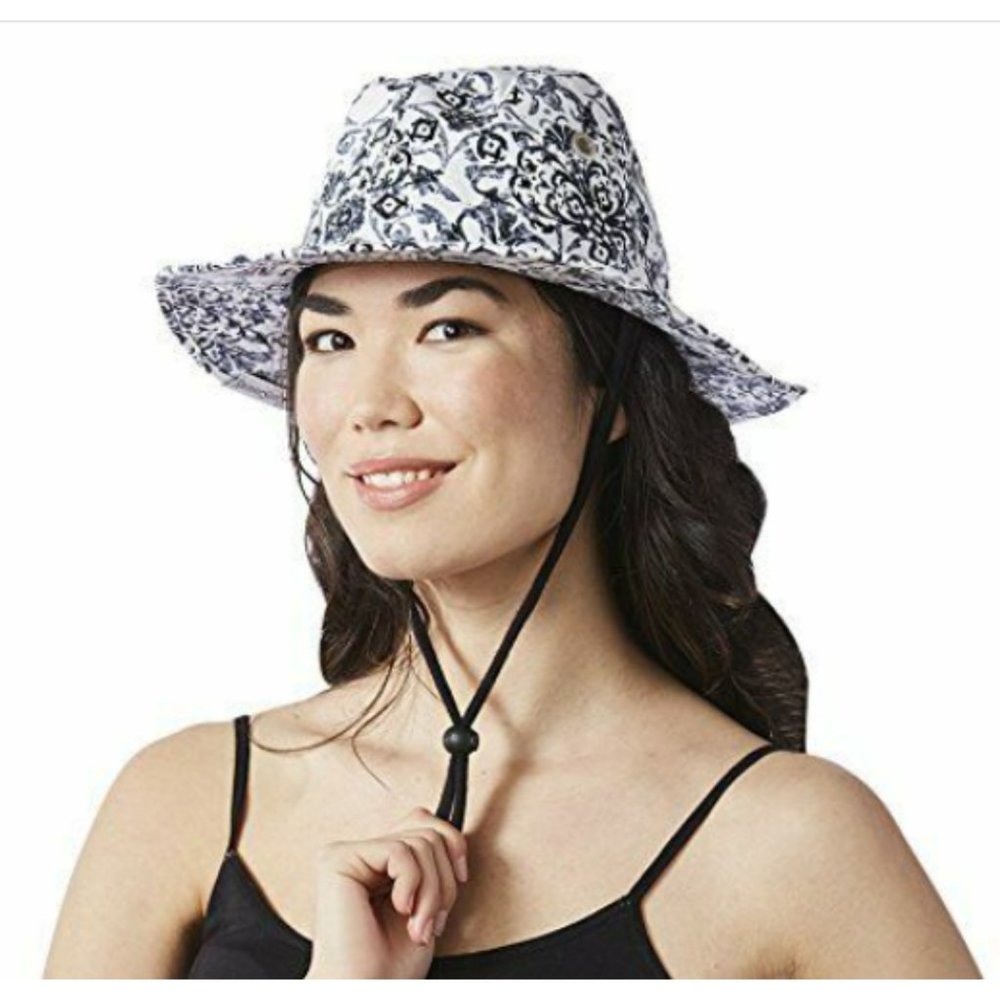 RainierSun Womens UPF 50+ Sun Hat Wide Brim Paisley Black White NWT